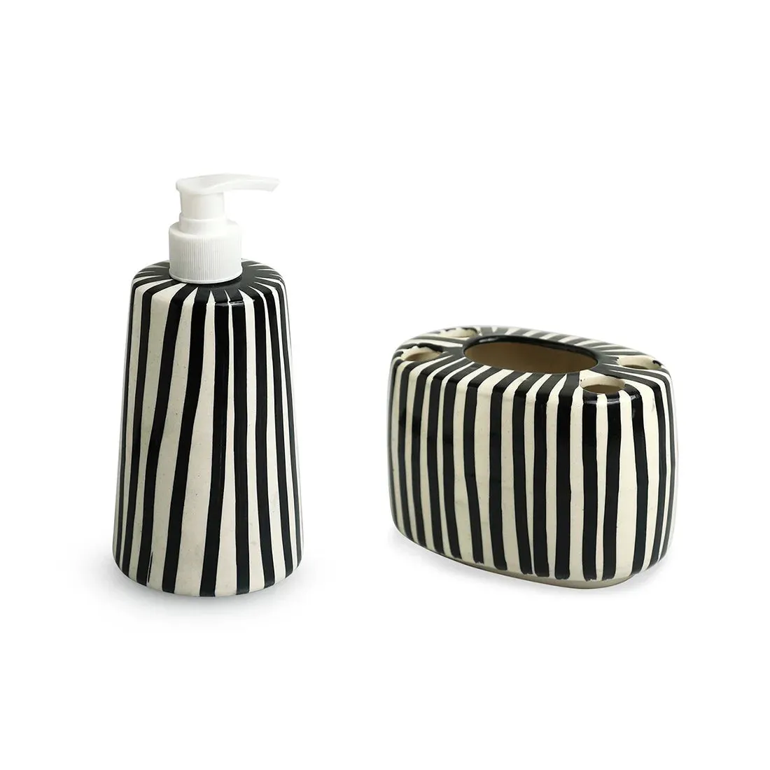 'Zebra Pattern' Hand-painted Bathroom Accessory Set of 2  In Ceramic (Liquid Soap Dispenser, Toothbrush Holder)